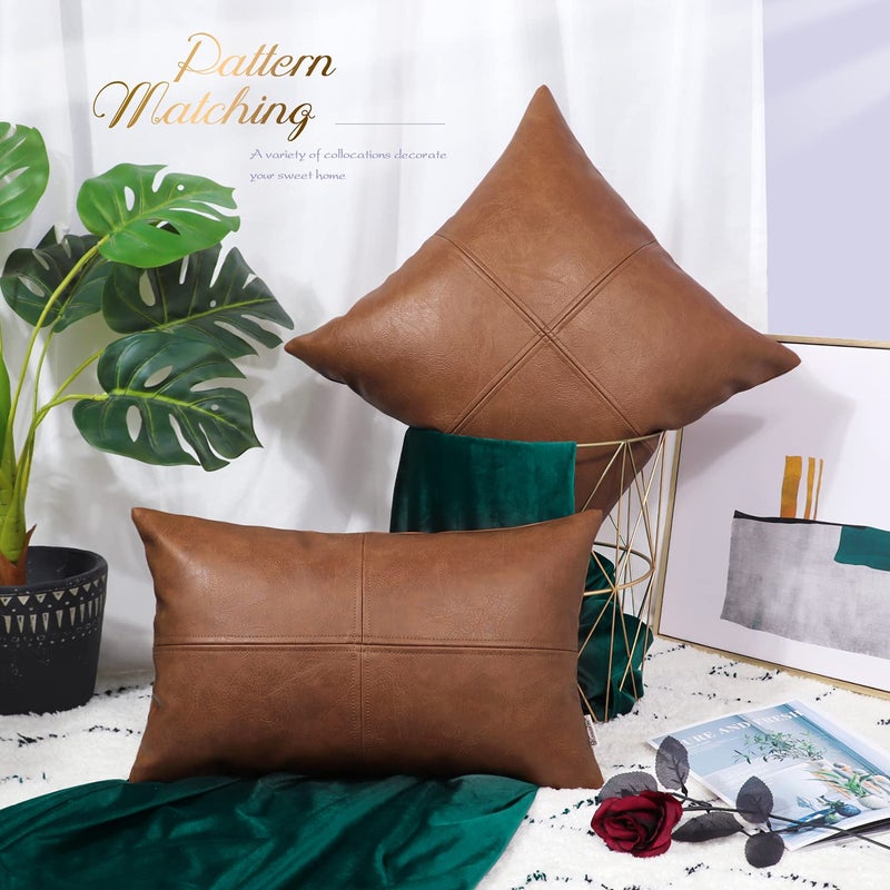 BRAWARM Faux Leather Throw Pillow Covers 18 X 18 Inches, Brown Leather Pillow Cover, Hand Stitched Leather Decorative Pillow Cover for Couch Sofa Bed Living Room Home Garden - Image 3